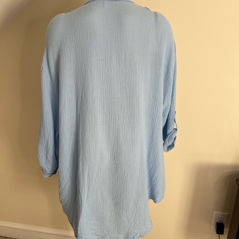 Light Blue Crinkle Button-Front Women's Swim Coverup - Picture 3 of 8